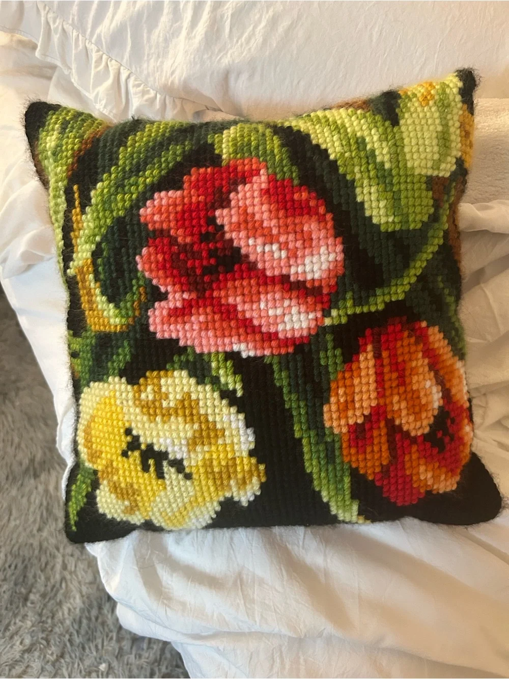 Vintage Orchidea Floral Needlepoint Pillow Already Finished